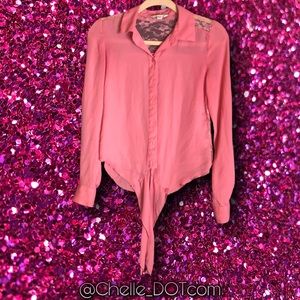 Pink Mesh Button Up Top That Ties In The Front